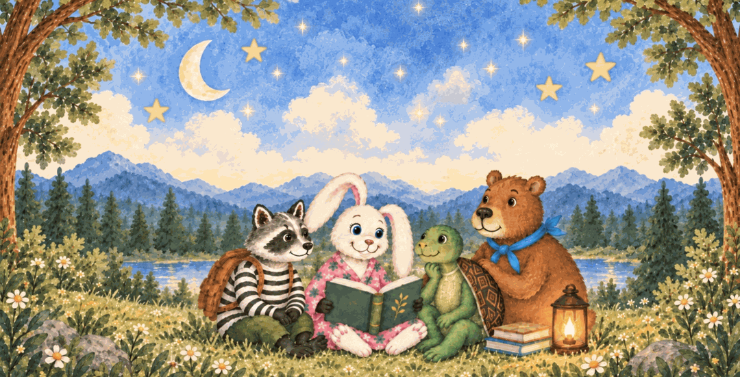 Bruno, Matilda, Cato y Clementine leyendo un cuento juntos en el prado, con la luna y las montañas detrás.